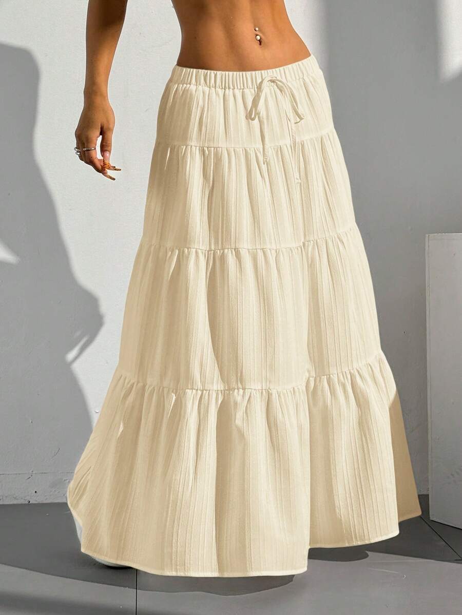 MainGRL Women Solid Color High Waist Tie Ruffled Hem Maxi Skirt