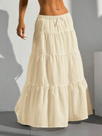 MainGRL Women Solid Color High Waist Tie Ruffled Hem Maxi Skirt