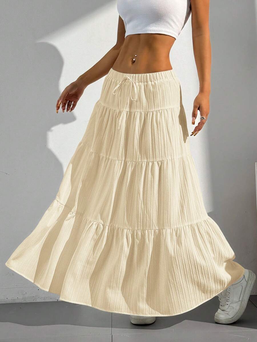 MainGRL Women Solid Color High Waist Tie Ruffled Hem Maxi Skirt