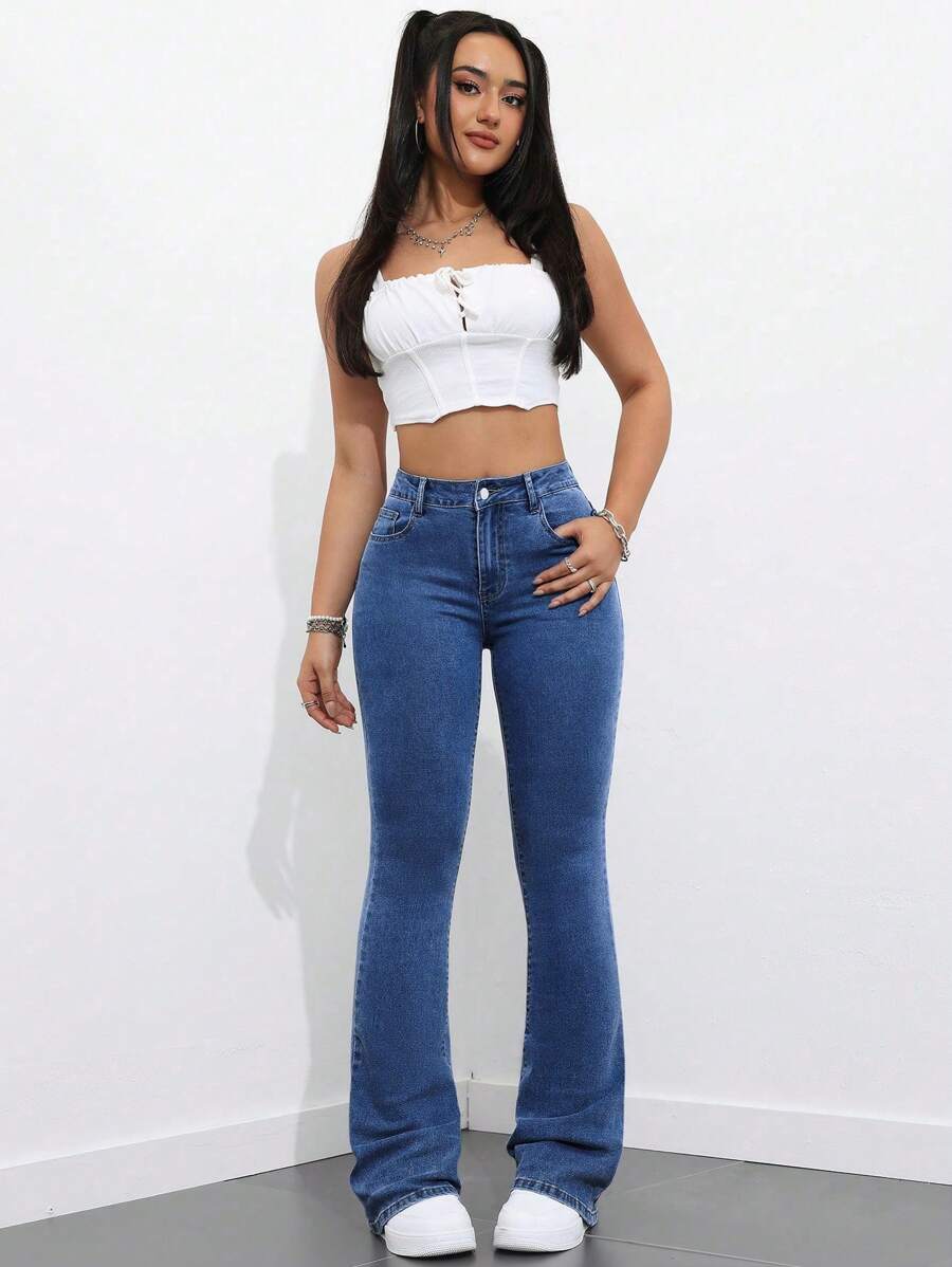 Flexra Women Flared Pocket Casual All-Match Denim Flared Jeans Y2k Bootcut Jeans