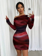 Selianne 1pc Women Fitted Tie Dye Print Ruched Oblique Shoulder Long Sleeve Dress For New Year Clothes Fall Cloth For Women