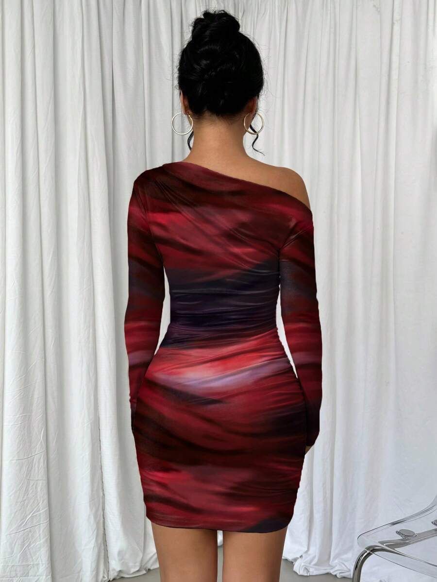Selianne 1pc Women Fitted Tie Dye Print Ruched Oblique Shoulder Long Sleeve Dress For New Year Clothes Fall Cloth For Women