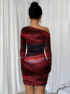 Selianne 1pc Women Fitted Tie Dye Print Ruched Oblique Shoulder Long Sleeve Dress For New Year Clothes Fall Cloth For Women