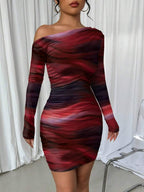 Selianne 1pc Women Fitted Tie Dye Print Ruched Oblique Shoulder Long Sleeve Dress For New Year Clothes Fall Cloth For Women