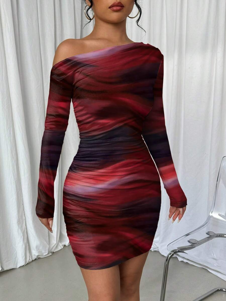 Selianne 1pc Women Fitted Tie Dye Print Ruched Oblique Shoulder Long Sleeve Dress For New Year Clothes Fall Cloth For Women