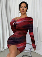 Selianne 1pc Women Fitted Tie Dye Print Ruched Oblique Shoulder Long Sleeve Dress For New Year Clothes Fall Cloth For Women
