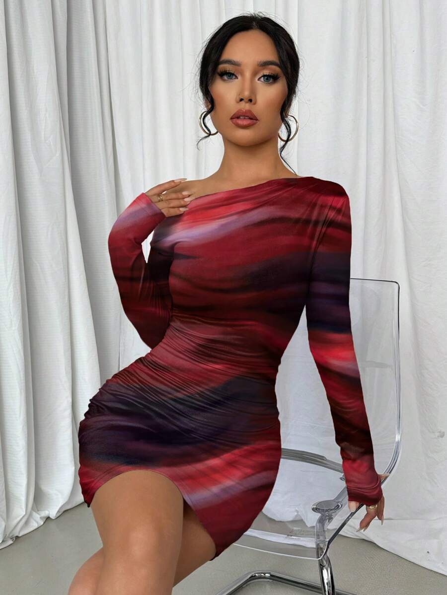 Selianne 1pc Women Fitted Tie Dye Print Ruched Oblique Shoulder Long Sleeve Dress For New Year Clothes Fall Cloth For Women