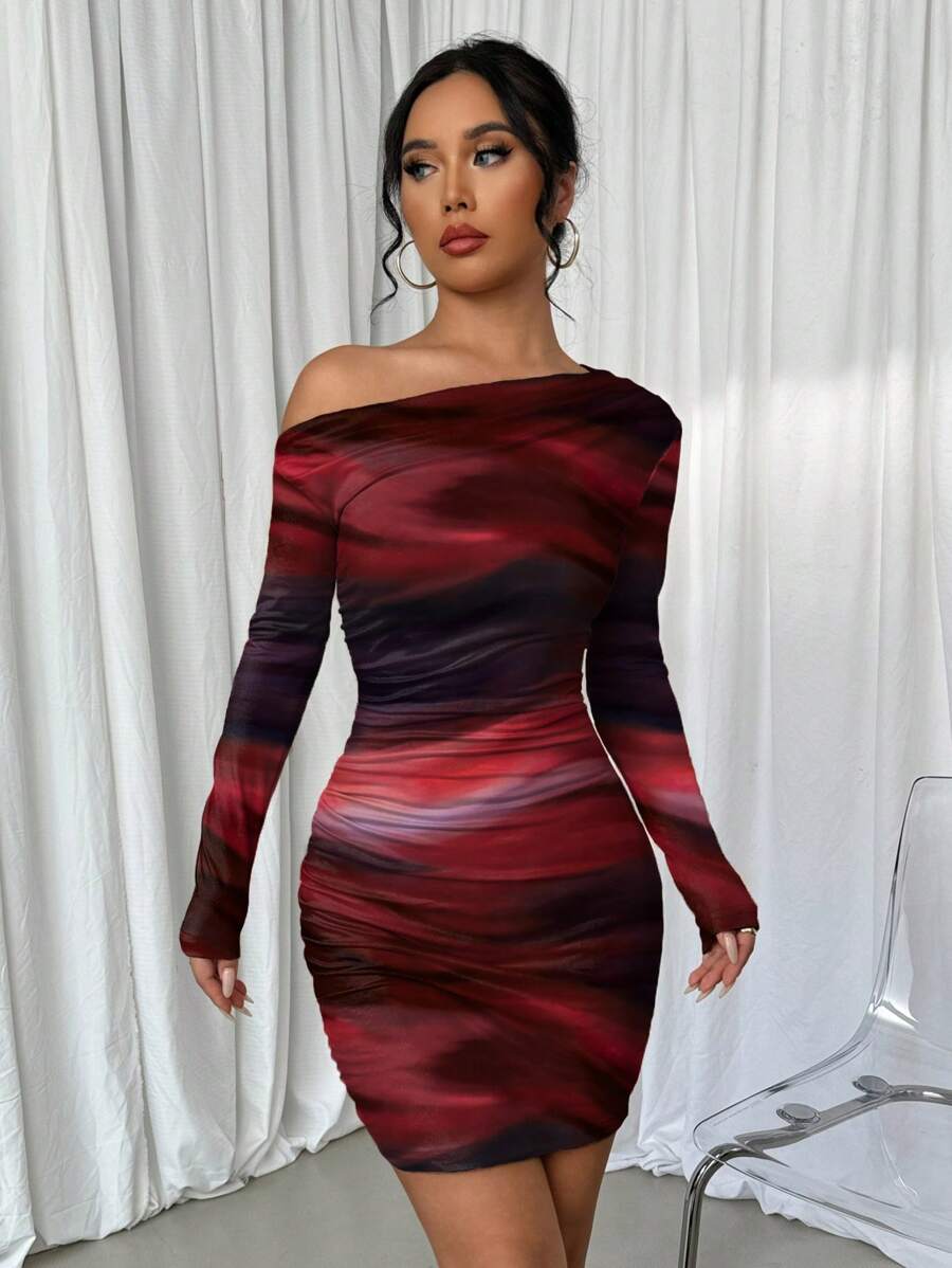 Selianne 1pc Women Fitted Tie Dye Print Ruched Oblique Shoulder Long Sleeve Dress For New Year Clothes Fall Cloth For Women