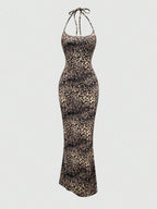 Sweetra Women's Leopard Print Mermaid Hem Fitted Elegant Halter Neck Dress Maxi Women Outfit