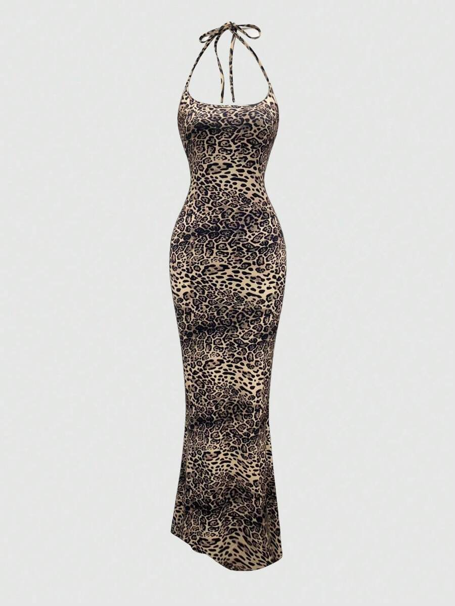 Sweetra Women's Leopard Print Mermaid Hem Fitted Elegant Halter Neck Dress Maxi Women Outfit