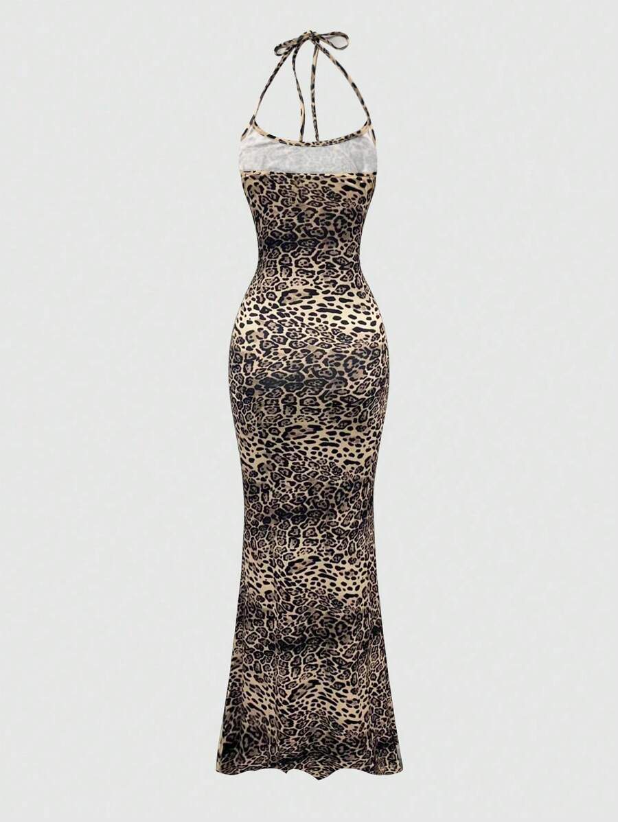 Sweetra Women's Leopard Print Mermaid Hem Fitted Elegant Halter Neck Dress Maxi Women Outfit