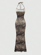 Sweetra Women's Leopard Print Mermaid Hem Fitted Elegant Halter Neck Dress Maxi Women Outfit