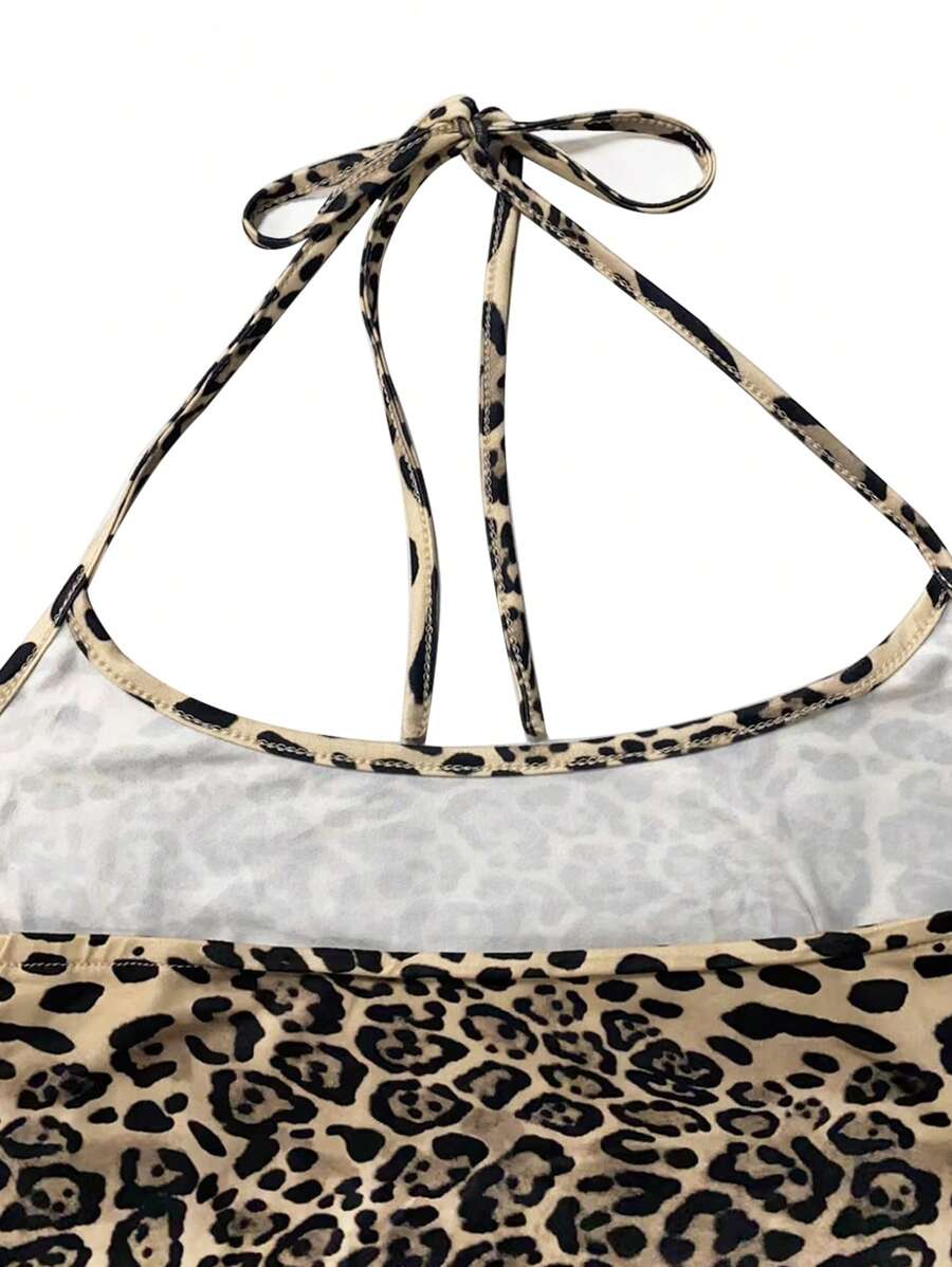 Sweetra Women's Leopard Print Mermaid Hem Fitted Elegant Halter Neck Dress Maxi Women Outfit