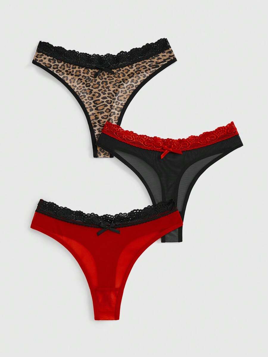 ROMWE J-Fashion 3pcs Y2K Harajuku Leopard Print Mesh & Lace Trim Women Narrow Band Brief Panty Set