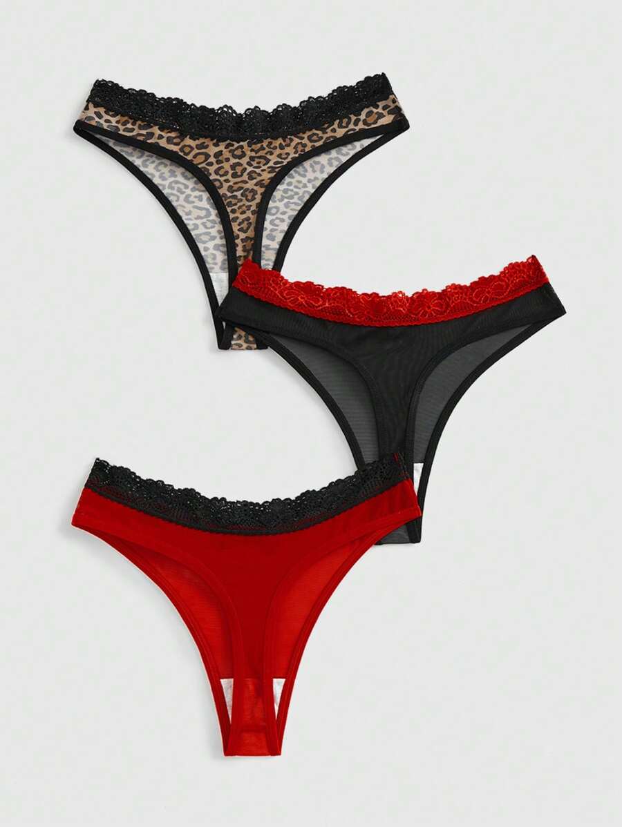 ROMWE J-Fashion 3pcs Y2K Harajuku Leopard Print Mesh & Lace Trim Women Narrow Band Brief Panty Set
