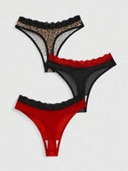 ROMWE J-Fashion 3pcs Y2K Harajuku Leopard Print Mesh & Lace Trim Women Narrow Band Brief Panty Set