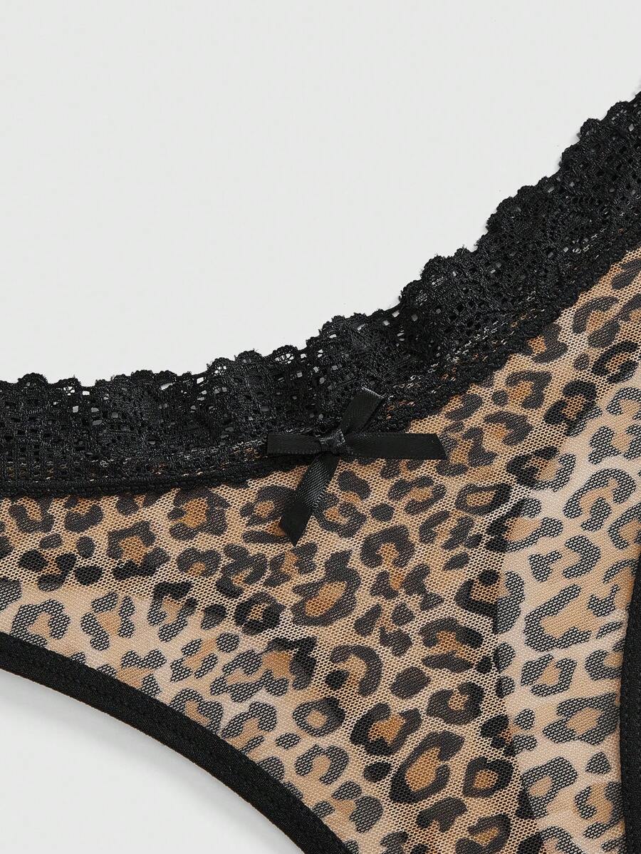 ROMWE J-Fashion 3pcs Y2K Harajuku Leopard Print Mesh & Lace Trim Women Narrow Band Brief Panty Set