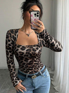 Selianne 1pc Women Leopard Print T-Shirt With Long Sleeve, Square Neckline, Ruched Waist And Slit Cuffs Cheetah Print Tee For Spring Fall Cloth For Women