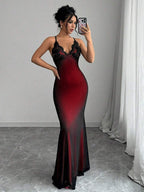 Selianne V-Neck Contrast Lace Backless Criss-Cross Strap Fishnet Mermaid Hem Bodycon Slip Dress For Women Maxi Women Outfit