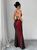 Selianne V-Neck Contrast Lace Backless Criss-Cross Strap Fishnet Mermaid Hem Bodycon Slip Dress For Women Maxi Women Outfit