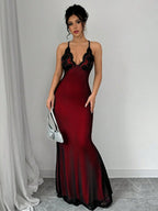 Selianne V-Neck Contrast Lace Backless Criss-Cross Strap Fishnet Mermaid Hem Bodycon Slip Dress For Women Maxi Women Outfit