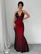 Selianne V-Neck Contrast Lace Backless Criss-Cross Strap Fishnet Mermaid Hem Bodycon Slip Dress For Women Maxi Women Outfit