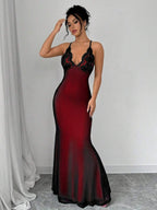Selianne V-Neck Contrast Lace Backless Criss-Cross Strap Fishnet Mermaid Hem Bodycon Slip Dress For Women Maxi Women Outfit