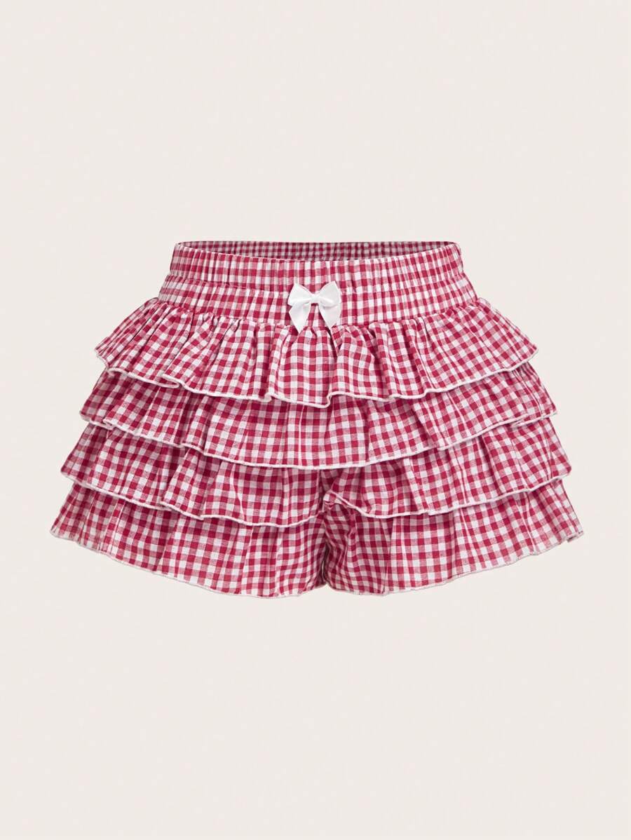 SHEIN MOD Casual Low-Waist Plaid Bodycon Ruffled Women's Ultra-Short Shorts Back To School Clothes Women Blue And White Boxer Shorts Simple Daily