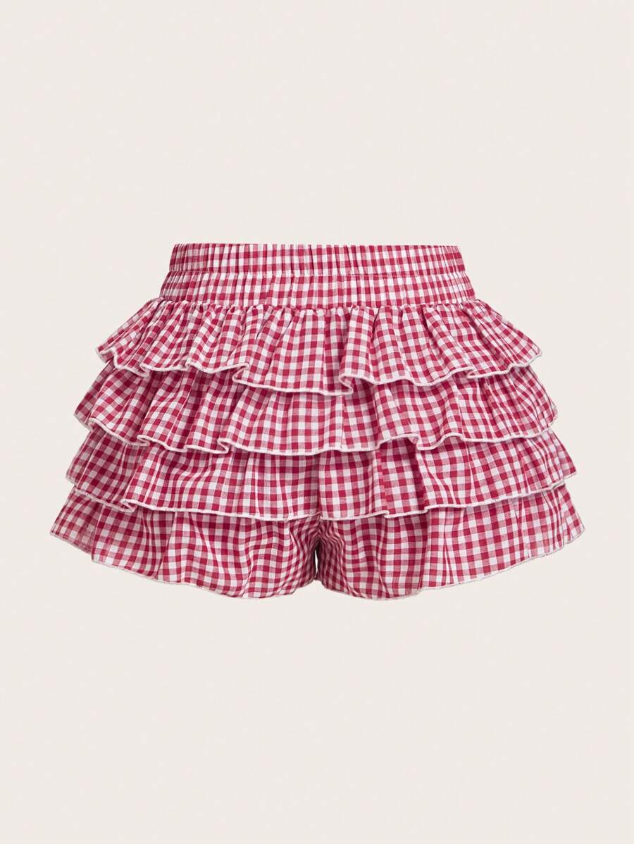 SHEIN MOD Casual Low-Waist Plaid Bodycon Ruffled Women's Ultra-Short Shorts Back To School Clothes Women Blue And White Boxer Shorts Simple Daily