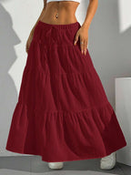 MainGRL Women Solid Color High Waist Tie Ruffled Hem Maxi Skirt
