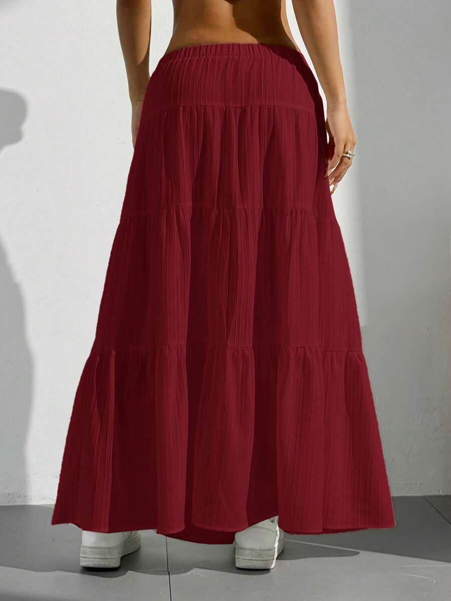 MainGRL Women Solid Color High Waist Tie Ruffled Hem Maxi Skirt