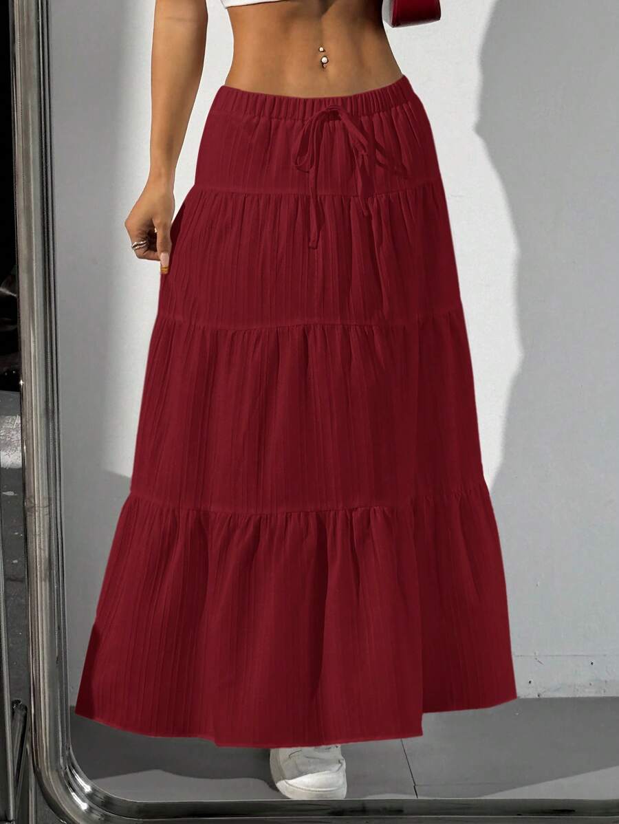 MainGRL Women Solid Color High Waist Tie Ruffled Hem Maxi Skirt