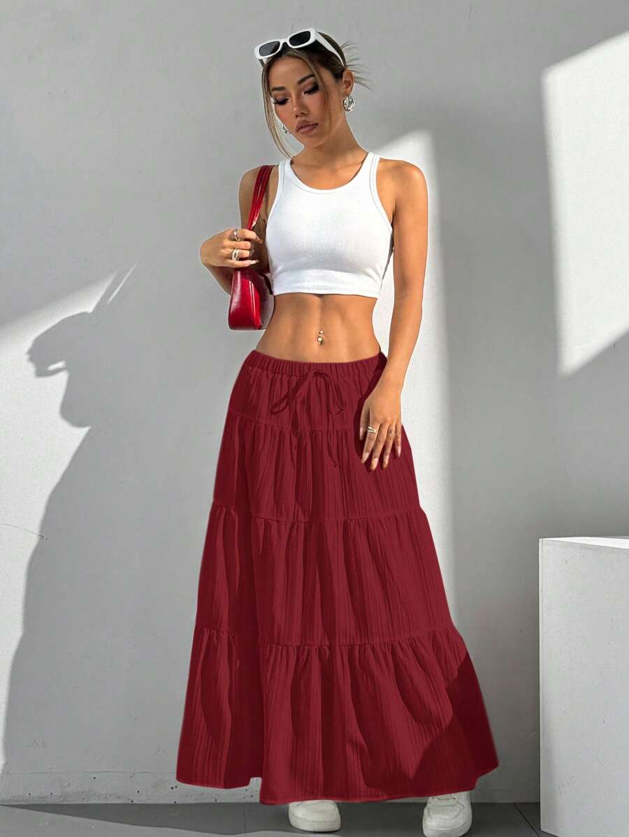 MainGRL Women Solid Color High Waist Tie Ruffled Hem Maxi Skirt