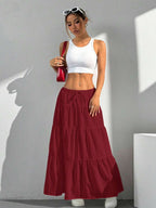 MainGRL Women Solid Color High Waist Tie Ruffled Hem Maxi Skirt