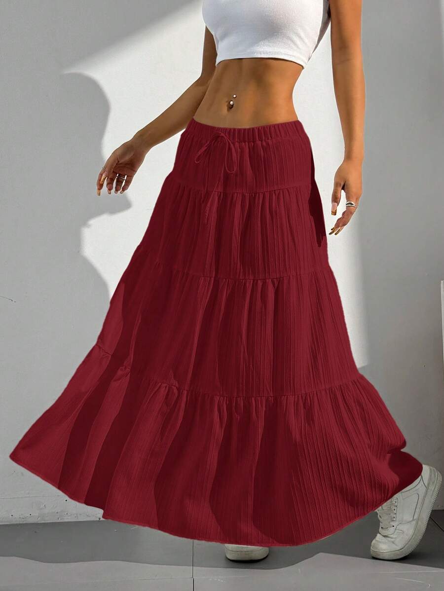 MainGRL Women Solid Color High Waist Tie Ruffled Hem Maxi Skirt