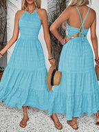 Breezaya Summer Holiday Solid Color Textured Backless Dress For New Year Clothes Maxi Vacation Beach Outfits Women