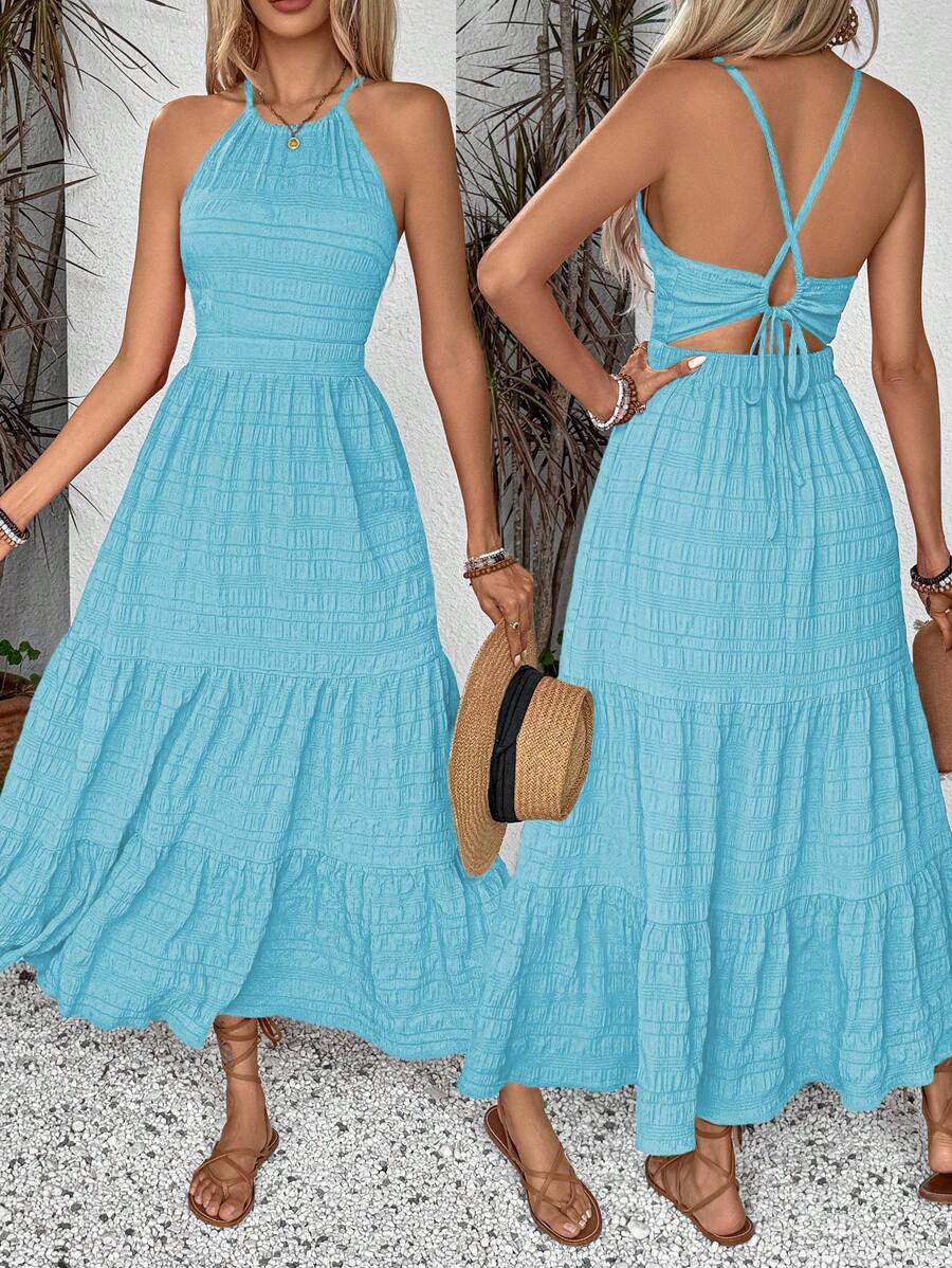 Breezaya Summer Holiday Solid Color Textured Backless Dress For New Year Clothes Maxi Vacation Beach Outfits Women