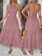 Breezaya Summer Holiday Solid Color Textured Backless Dress For New Year Clothes Maxi Vacation Beach Outfits Women