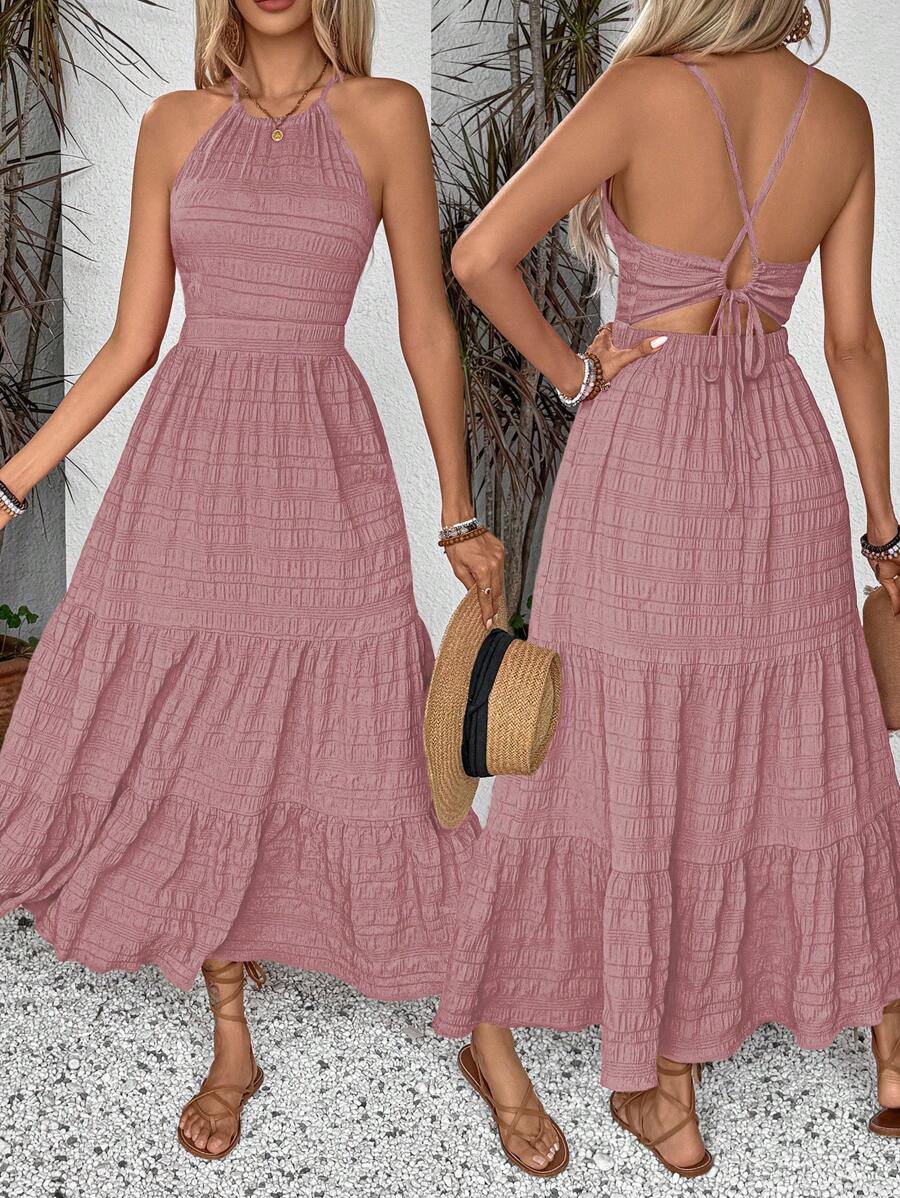 Breezaya Summer Holiday Solid Color Textured Backless Dress For New Year Clothes Maxi Vacation Beach Outfits Women