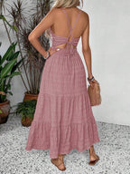 Breezaya Summer Holiday Solid Color Textured Backless Dress For New Year Clothes Maxi Vacation Beach Outfits Women