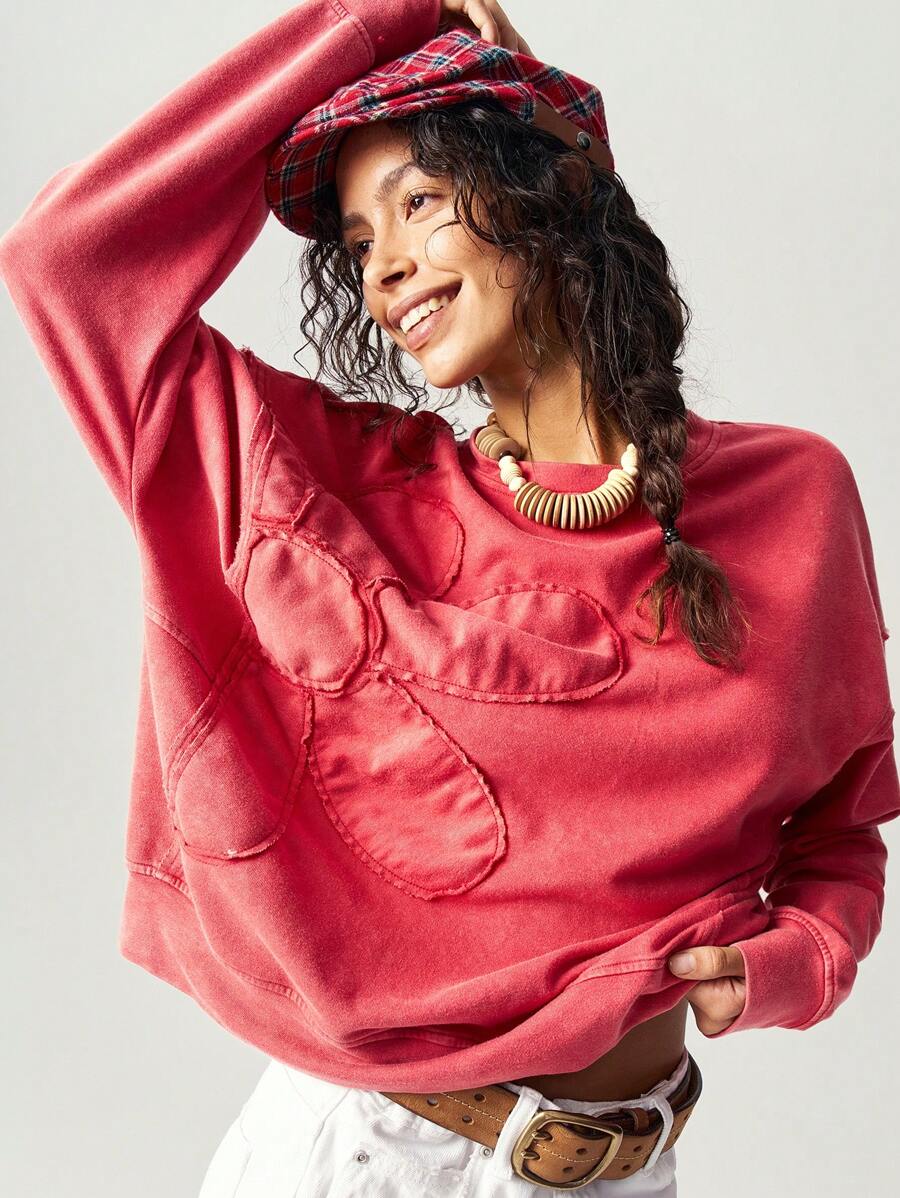 Bohemela Regular Women's Casual Solid Color Embroidery Design Crew Neck Loose Knit Sweatshirt, Long Sleeve In Fall/Winter
