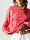 Bohemela Regular Women's Casual Solid Color Embroidery Design Crew Neck Loose Knit Sweatshirt, Long Sleeve In Fall/Winter