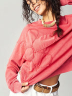 Bohemela Regular Women's Casual Solid Color Embroidery Design Crew Neck Loose Knit Sweatshirt, Long Sleeve In Fall/Winter
