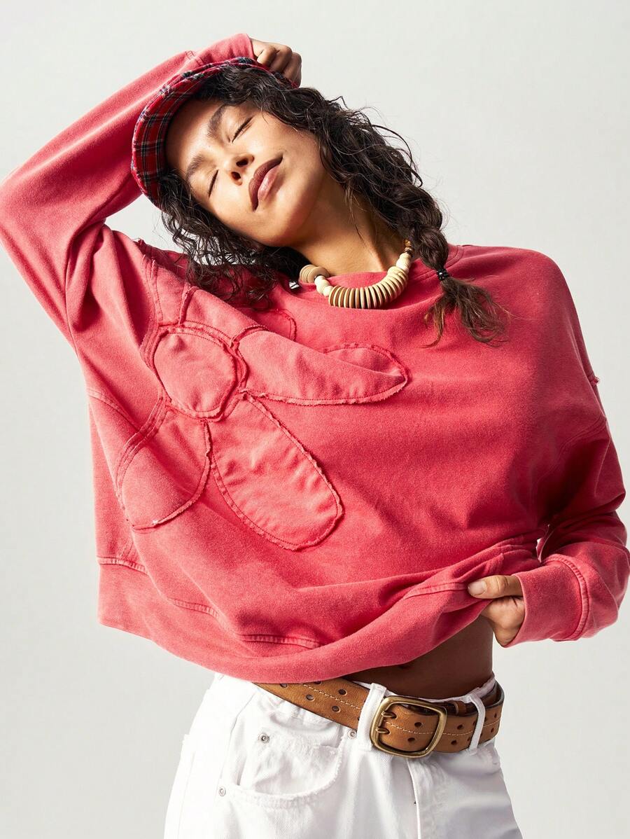 Bohemela Regular Women's Casual Solid Color Embroidery Design Crew Neck Loose Knit Sweatshirt, Long Sleeve In Fall/Winter