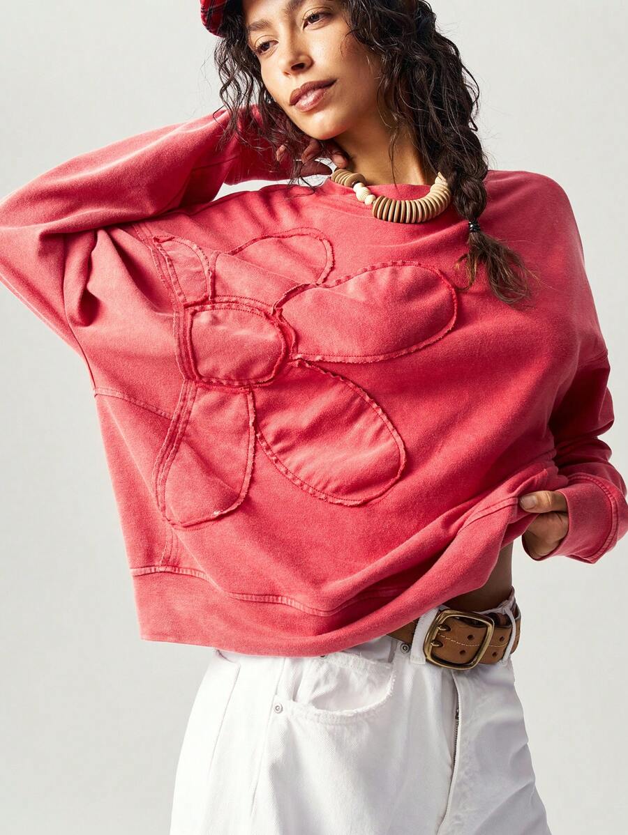Bohemela Regular Women's Casual Solid Color Embroidery Design Crew Neck Loose Knit Sweatshirt, Long Sleeve In Fall/Winter
