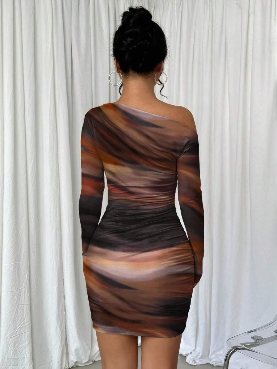 Selianne 1pc Women Fitted Tie Dye Print Ruched Oblique Shoulder Long Sleeve Dress For New Year Clothes Fall Cloth For Women