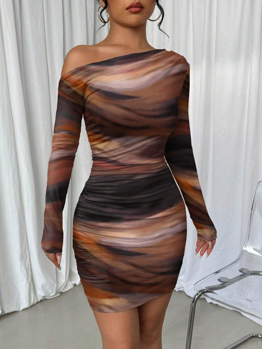 Selianne 1pc Women Fitted Tie Dye Print Ruched Oblique Shoulder Long Sleeve Dress For New Year Clothes Fall Cloth For Women