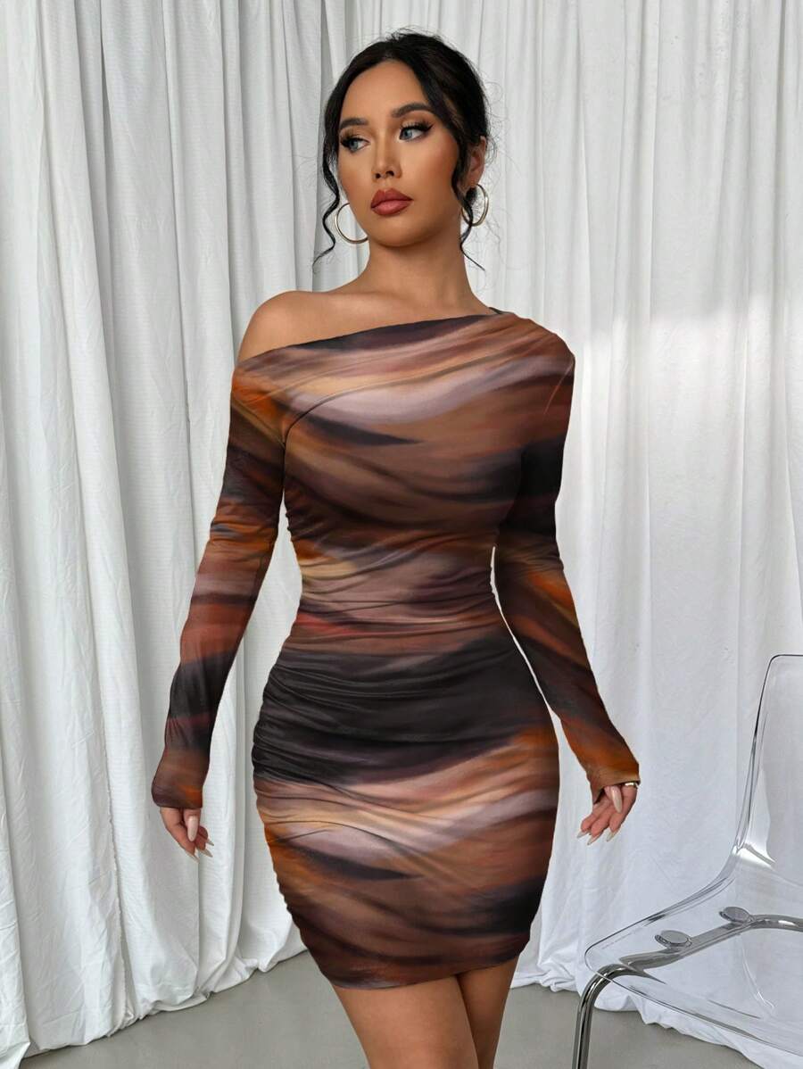 Selianne 1pc Women Fitted Tie Dye Print Ruched Oblique Shoulder Long Sleeve Dress For New Year Clothes Fall Cloth For Women