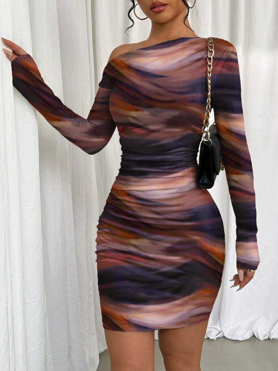Selianne 1pc Women Fitted Tie Dye Print Ruched Oblique Shoulder Long Sleeve Dress For New Year Clothes Fall Cloth For Women