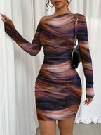 Selianne 1pc Women Fitted Tie Dye Print Ruched Oblique Shoulder Long Sleeve Dress For New Year Clothes Fall Cloth For Women